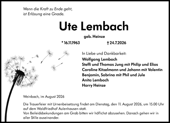 Traueranzeige von Ute Lembach von Weilburger Tageblatt