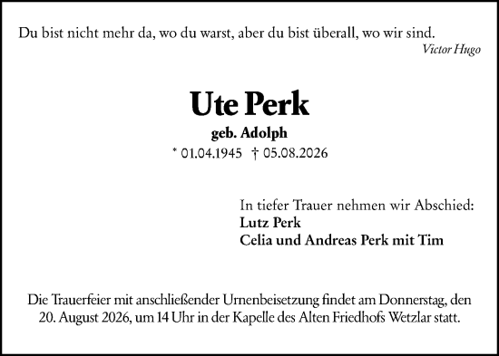 Traueranzeige von Ute Perk von Wetzlarer Neue Zeitung