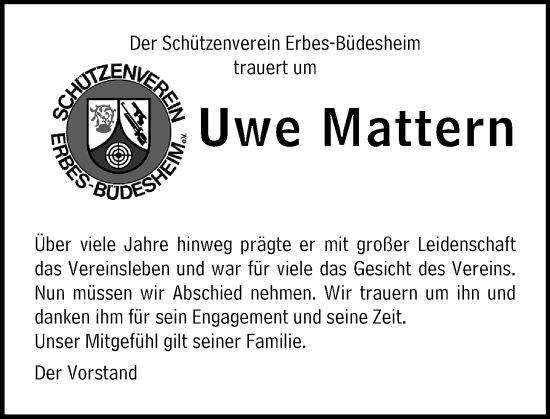 Traueranzeige von Uwe Mattern von Allgemeine Zeitung Alzey