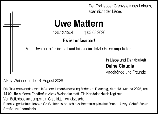 Traueranzeige von Uwe Mattern von Allgemeine Zeitung Alzey