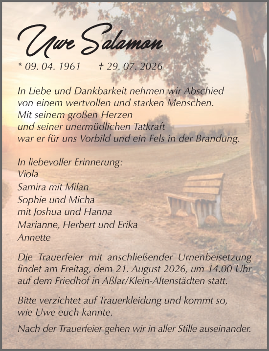 Traueranzeige von Uwe Salamon von Wetzlarer Neue Zeitung