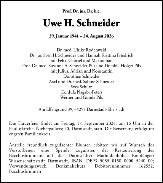 Traueranzeige von Uwe H. Schneider von Darmstädter Echo