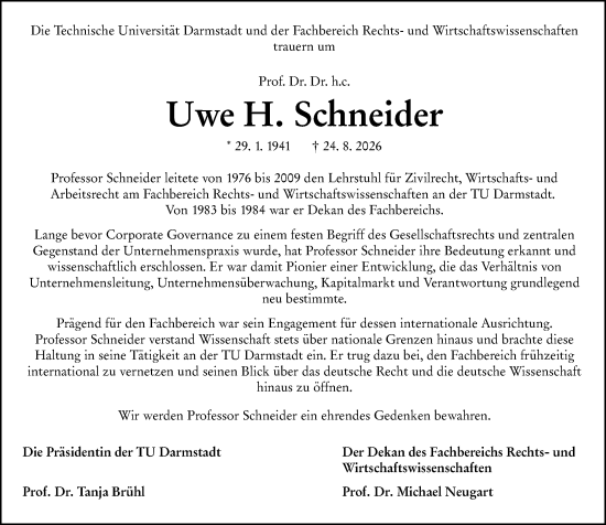 Traueranzeige von Uwe H. Schneider von Darmstädter Echo