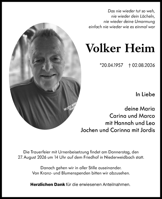 Traueranzeige von Volker Heim von Wetzlarer Neue Zeitung