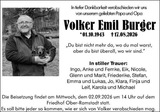 Traueranzeige von Volker Emil Burger von Darmstädter Echo