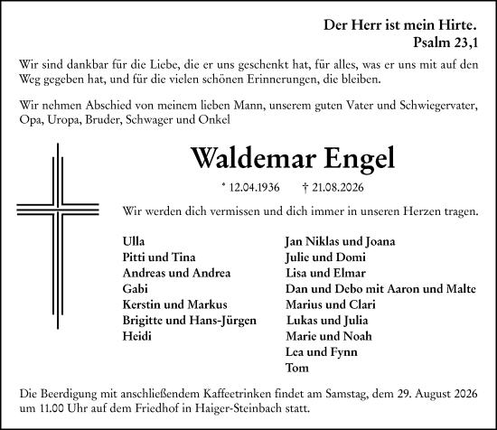Traueranzeige von Waldemar Engel von Dill Block