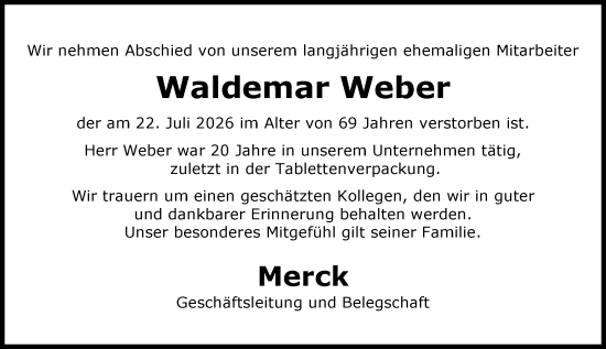 Traueranzeige von Waldemar Weber von Darmstädter Echo
