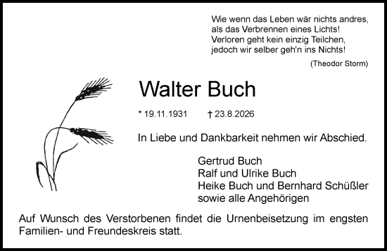 Traueranzeige von Walter Buch von Dieburger Anzeiger/Groß-Zimmerner Lokal-Anzeiger