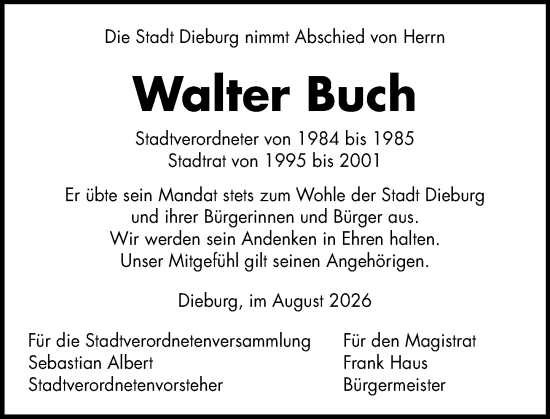 Traueranzeige von Walter Buch von Dieburger Anzeiger/Groß-Zimmerner Lokal-Anzeiger