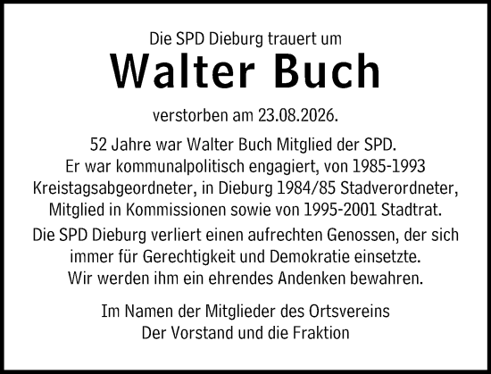 Traueranzeige von Walter Buch von Dieburger Anzeiger/Groß-Zimmerner Lokal-Anzeiger