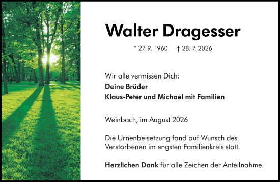 Traueranzeige von Walter Dragesser von Weilburger Tageblatt
