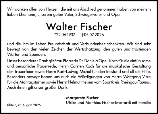 Traueranzeige von Walter Fischer von Idsteiner Land/Untertaunus