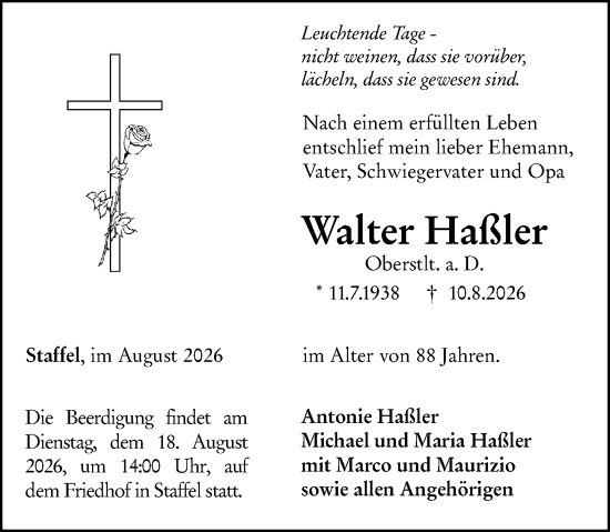 Traueranzeige von Walter Haßler von Nassauische Neue Presse