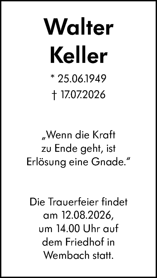 Traueranzeige von Walter Keller von Darmstädter Echo