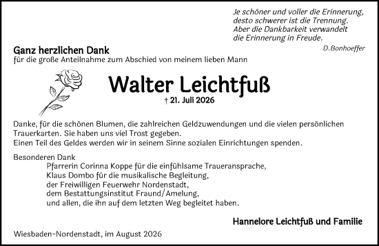 Traueranzeige von Walter Leichtfuß von Wiesbadener Kurier