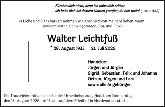 Traueranzeige von Walter Leichtfuß von Wiesbadener Kurier