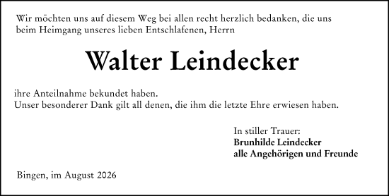 Traueranzeige von Walter Leindecker von Allgemeine Zeitung Rheinhessen-Nahe