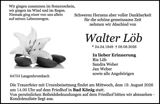 Traueranzeige von Walter Löb von Odenwälder Echo