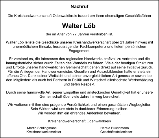 Traueranzeige von Walter Löb von Odenwälder Echo