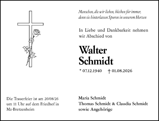 Traueranzeige von Walter Schmidt von Allgemeine Zeitung Mainz