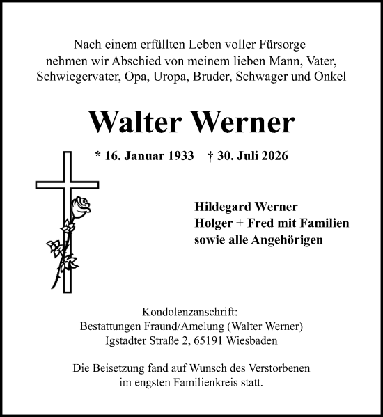Traueranzeige von Walter Werner von Wiesbadener Kurier