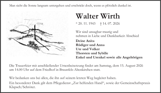 Traueranzeige von Walter Wirth von Wetzlarer Neue Zeitung