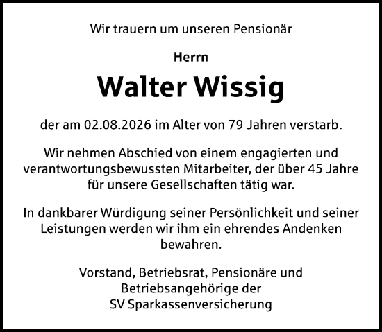 Traueranzeige von Walter Wissig von Camberger Anzeiger