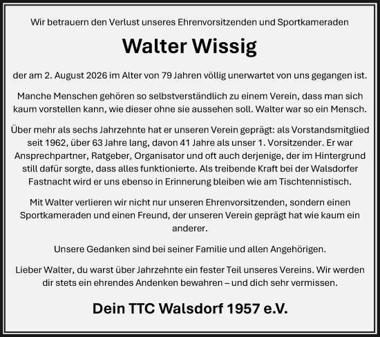 Traueranzeige von Walter Wissig von Camberger Anzeiger