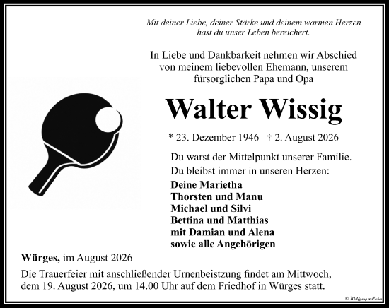 Traueranzeige von Walter Wissig von Camberger Anzeiger