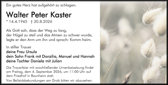 Traueranzeige von Walter Peter Kaster von Rüsselsheimer Echo