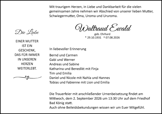 Traueranzeige von Waltraud Ewald von Odenwälder Echo