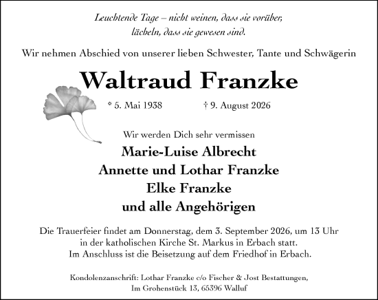 Traueranzeige von Waltraud Franzke von Rheingau Kurier