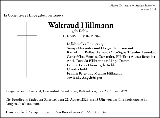 Traueranzeige von Waltraud Hillmann von Dill Block