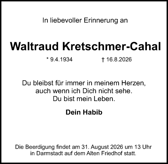 Traueranzeige von Waltraud Kretschmer-Cahal von Darmstädter Echo