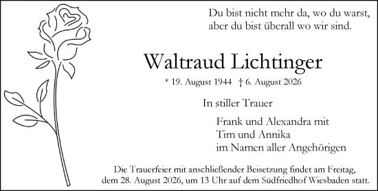 Traueranzeige von Waltraud Lichtinger von Wiesbadener Kurier