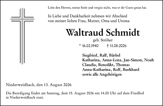 Traueranzeige von Waltraud Schmidt von Wetzlarer Neue Zeitung