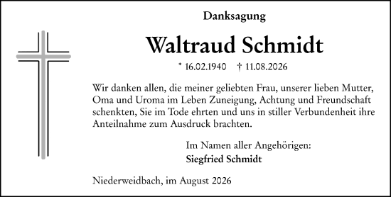 Traueranzeige von Waltraud Schmidt von Wetzlarer Neue Zeitung