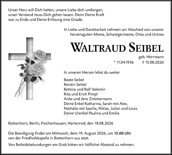 Traueranzeige von Waltraud Seibel von Hinterländer Anzeiger