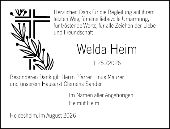 Traueranzeige von Welda Heim von Allgemeine Zeitung Rheinhessen-Nahe