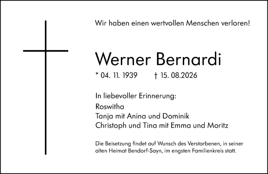 Traueranzeige von Werner Bernardi von Allgemeine Zeitung Mainz