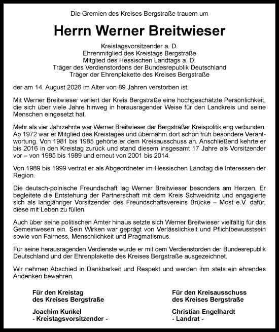 Traueranzeige von Werner Breitwieser von Starkenburger Echo