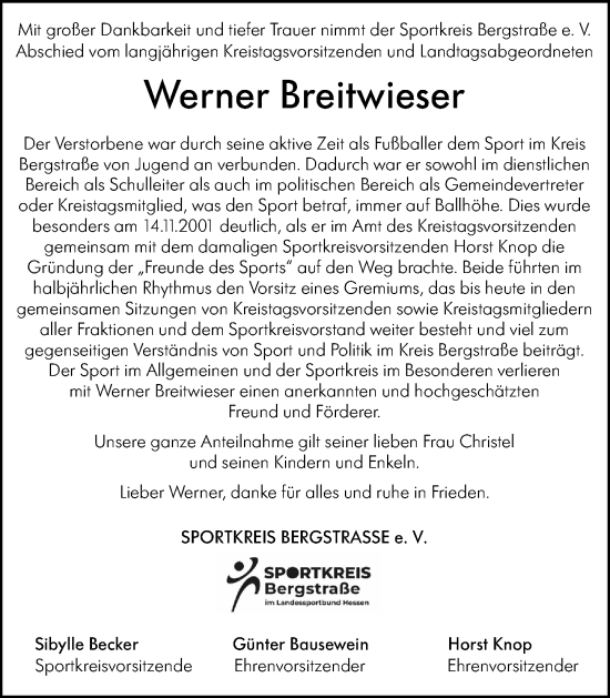 Traueranzeige von Werner Breitwieser von Starkenburger Echo