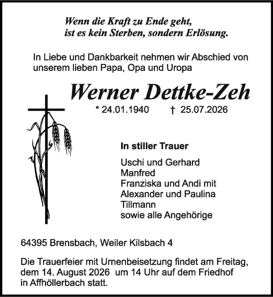 Traueranzeige von Werner Dettke-Zeh von Odenwälder Echo