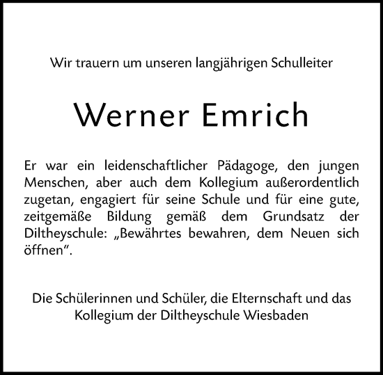 Traueranzeige von Werner Emrich von Wiesbadener Kurier