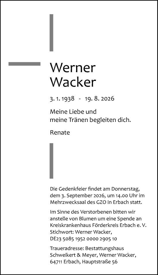Traueranzeige von Werner Wacker von Odenwälder Echo