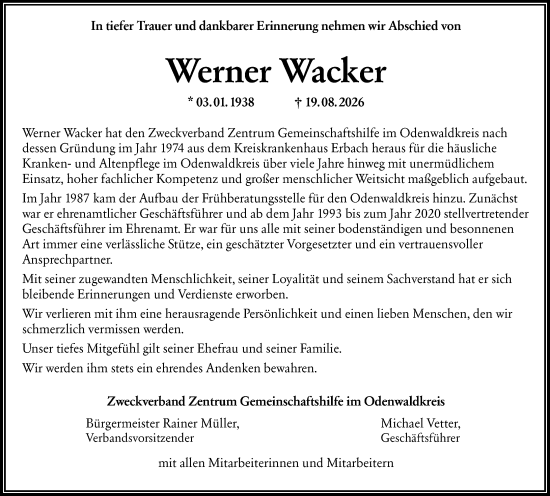 Traueranzeige von Werner Wacker von Odenwälder Echo