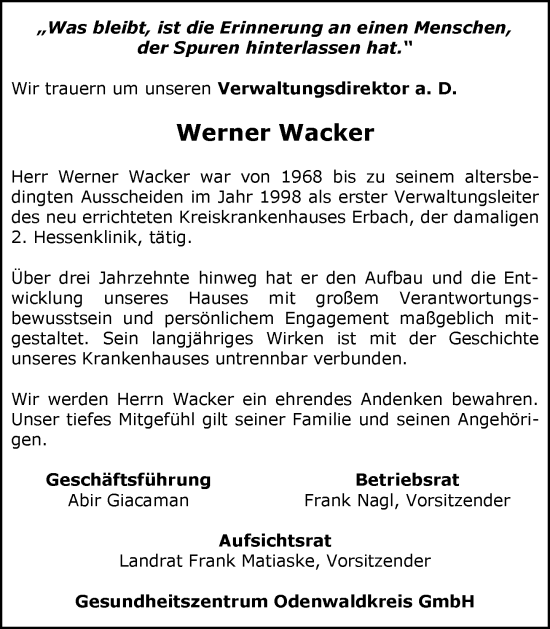 Traueranzeige von Werner Wacker von Odenwälder Echo