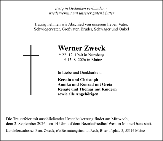 Traueranzeige von Werner Zweck von Allgemeine Zeitung Mainz