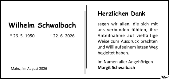Traueranzeige von Wilhelm Schwalbach von Allgemeine Zeitung Mainz