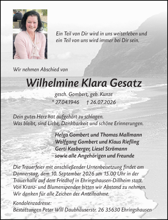 Traueranzeige von Wilhelmine Klara Gesatz von Wetzlarer Neue Zeitung